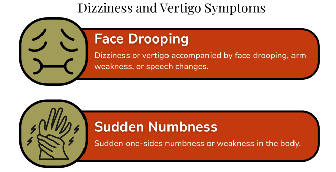 Infographic listing stroke warning signs with dizziness: face drooping and sudden numbness.